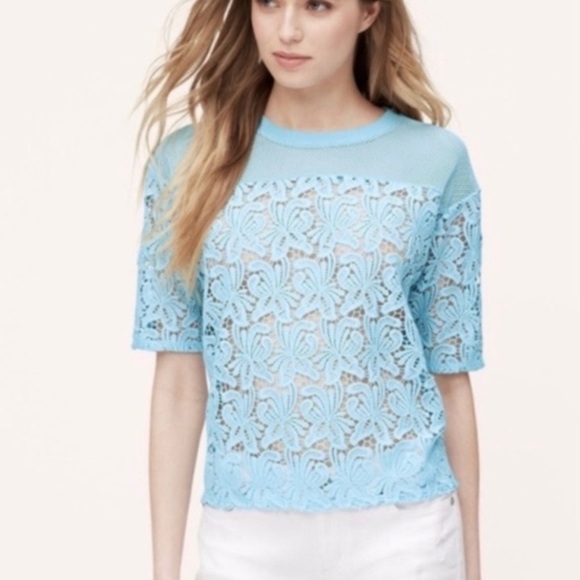 Loft Pale Blue Short Sleeve Lace/Mesh Top size SP - Picture 1 of 8